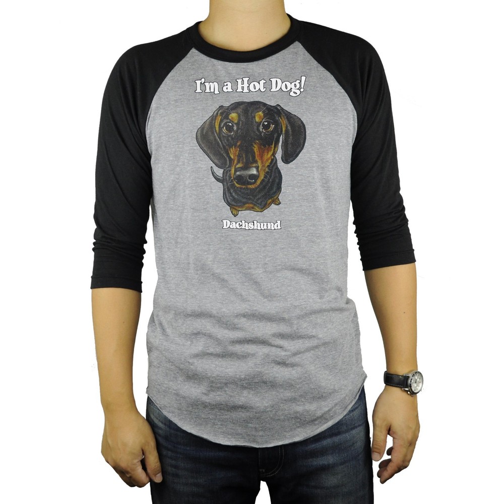 Black Dachshund Hot Dog Baseball Raglan T-Shirt Tri Blend Soft Fitted Tee Cute