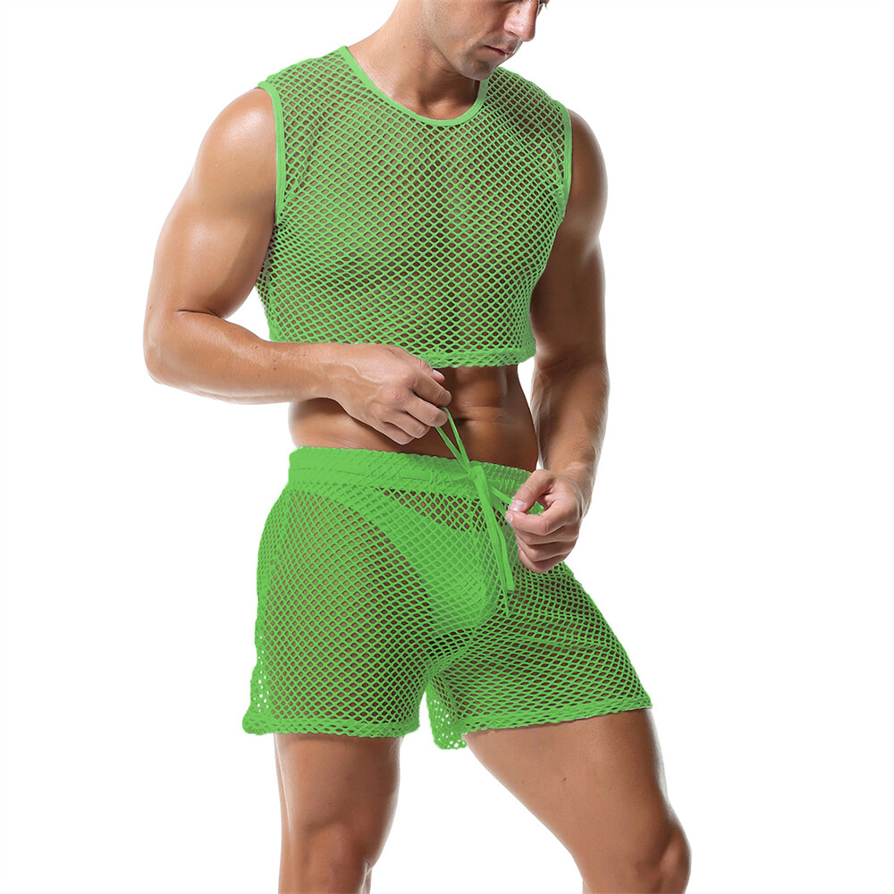 Men 2 Piece Set Fishnet Crop Tops Mesh See-Through Vests Undershirts With Shorts gallery