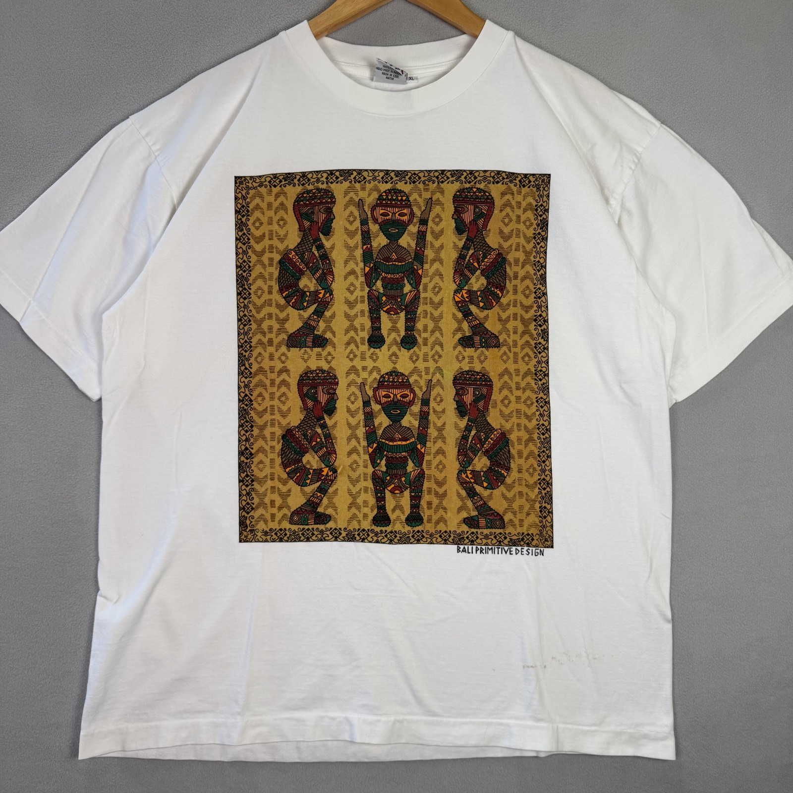Vintage Art T Shirt Mens XL White Bali Primitive Native Hand Made Single Stitch gallery