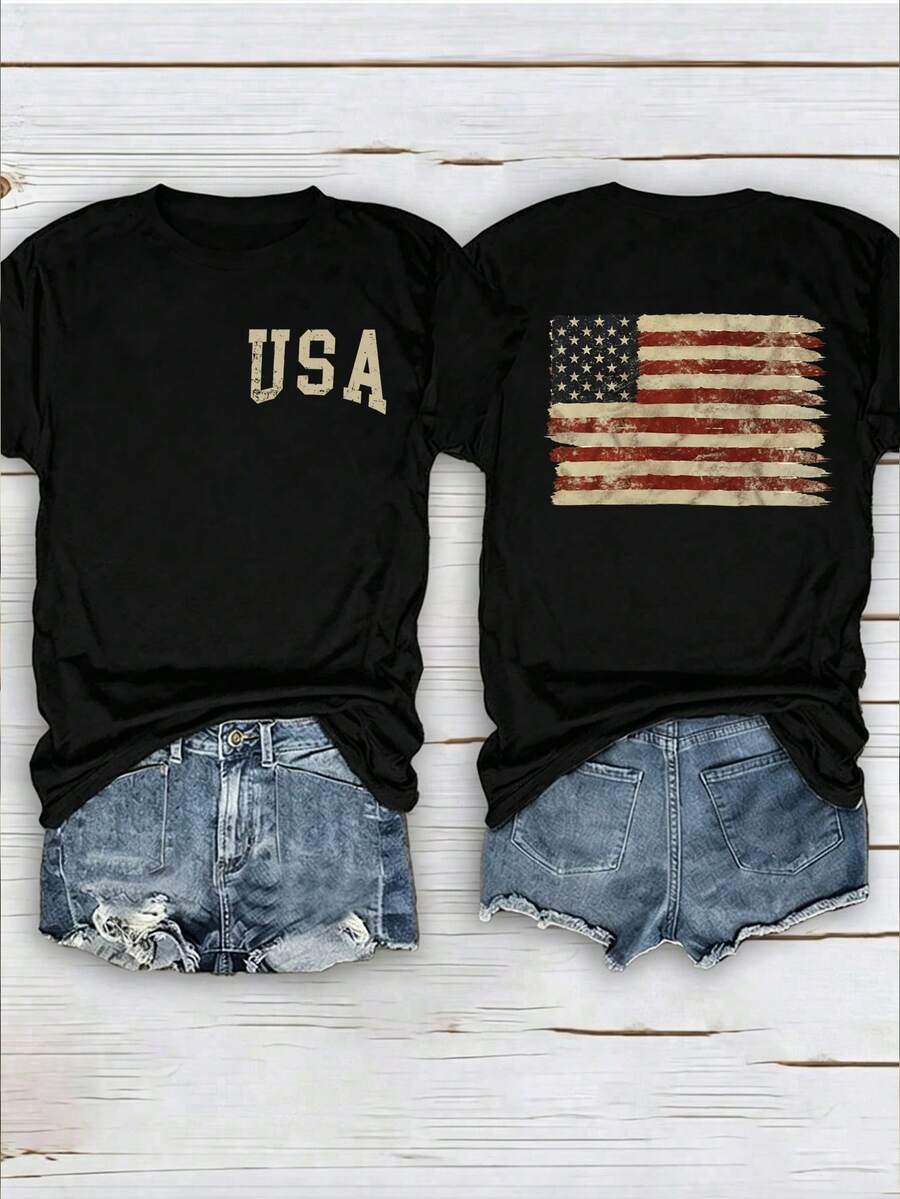 Women's Short Sleeve T-Shirt With American Flag And Slogan Print Graphic Tees gallery