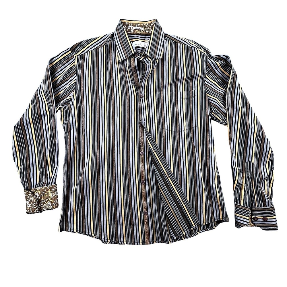 Bugatchi Uomo Shaped Fit Striped Button Down Shirt Mens L/S Paisley Trim Cuffs