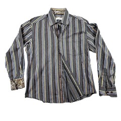 Bugatchi Uomo Shaped Fit Striped Button Down Shirt Mens L/S Paisley Trim Cuffs
