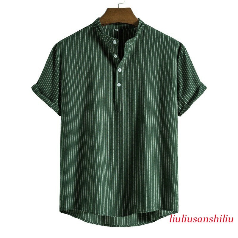 Summer Mens Loose Casual Shirt Cotton and Linen Stand Collar Short Sleeve Shirt gallery