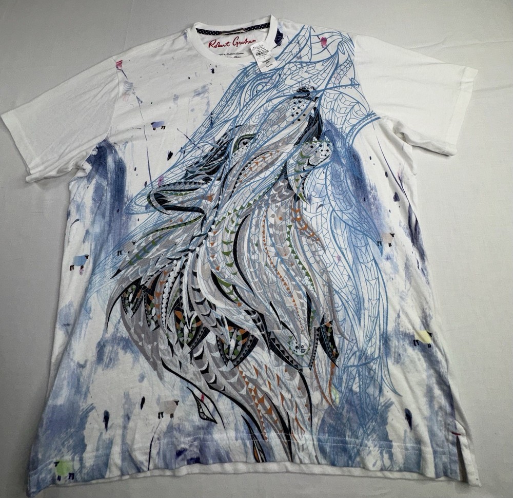 Robert Graham Men’s Wolf Graphic Crew Neck Short Sleeve T-Shirt White/Blue M