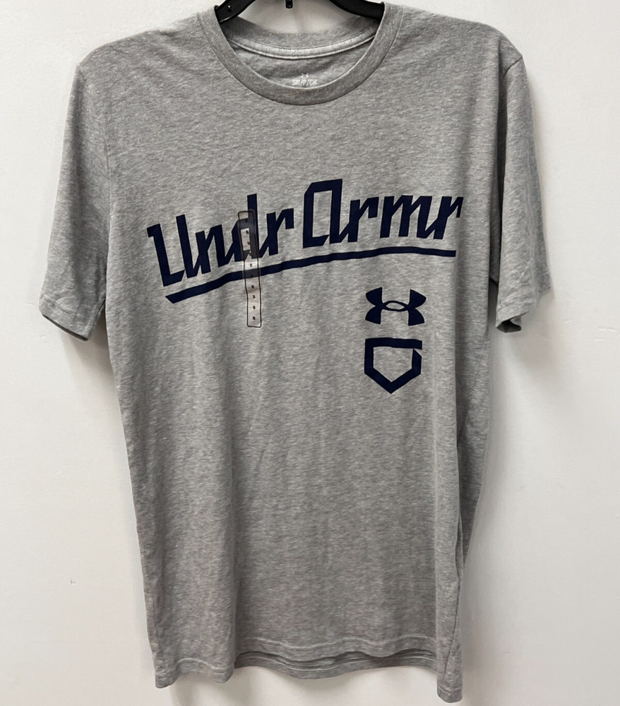 Under Armour Gray w/Navy Blue Script Logo T-shirt Men’s Size Small