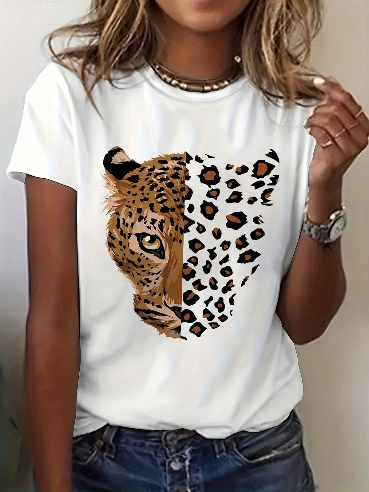 Women's Vintage Leopard Tiger Animal Print TShirt - Short Sleeve Casual Top gallery