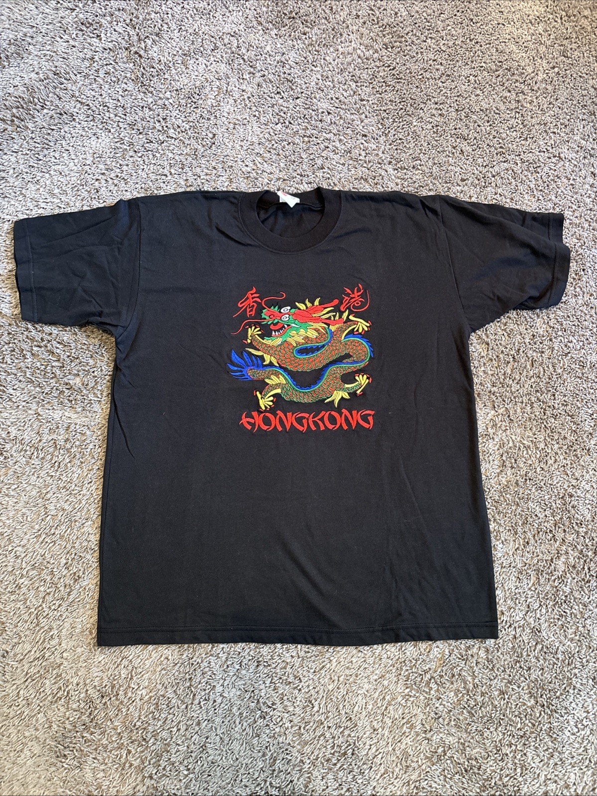 Vintage Hong Kong Dragon Embroidered T Shirt Tee Black Unisex Size XL gallery