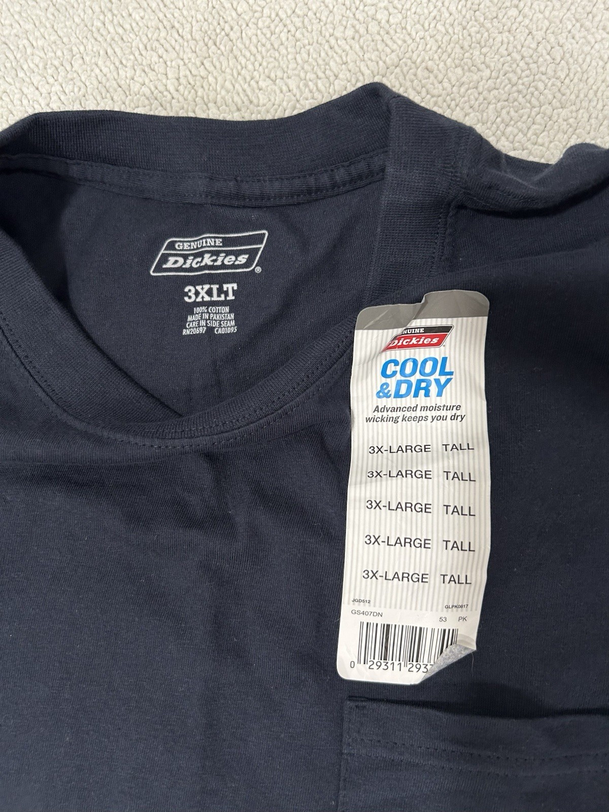 Dickies Men's Long Length Short Sleeve Cool & Dry Pocket Tee Navy Blue Size 3XL gallery