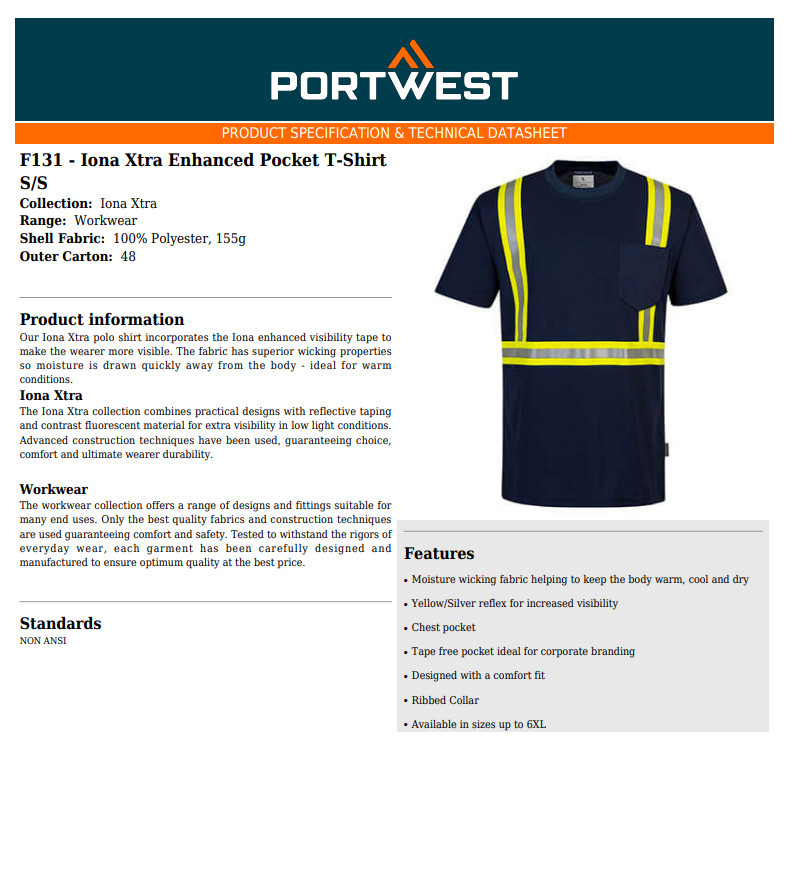 Portwest F131 Iona Xtra Enhanced Visibility T-Shirt with Reflective Tape Hi Vis gallery