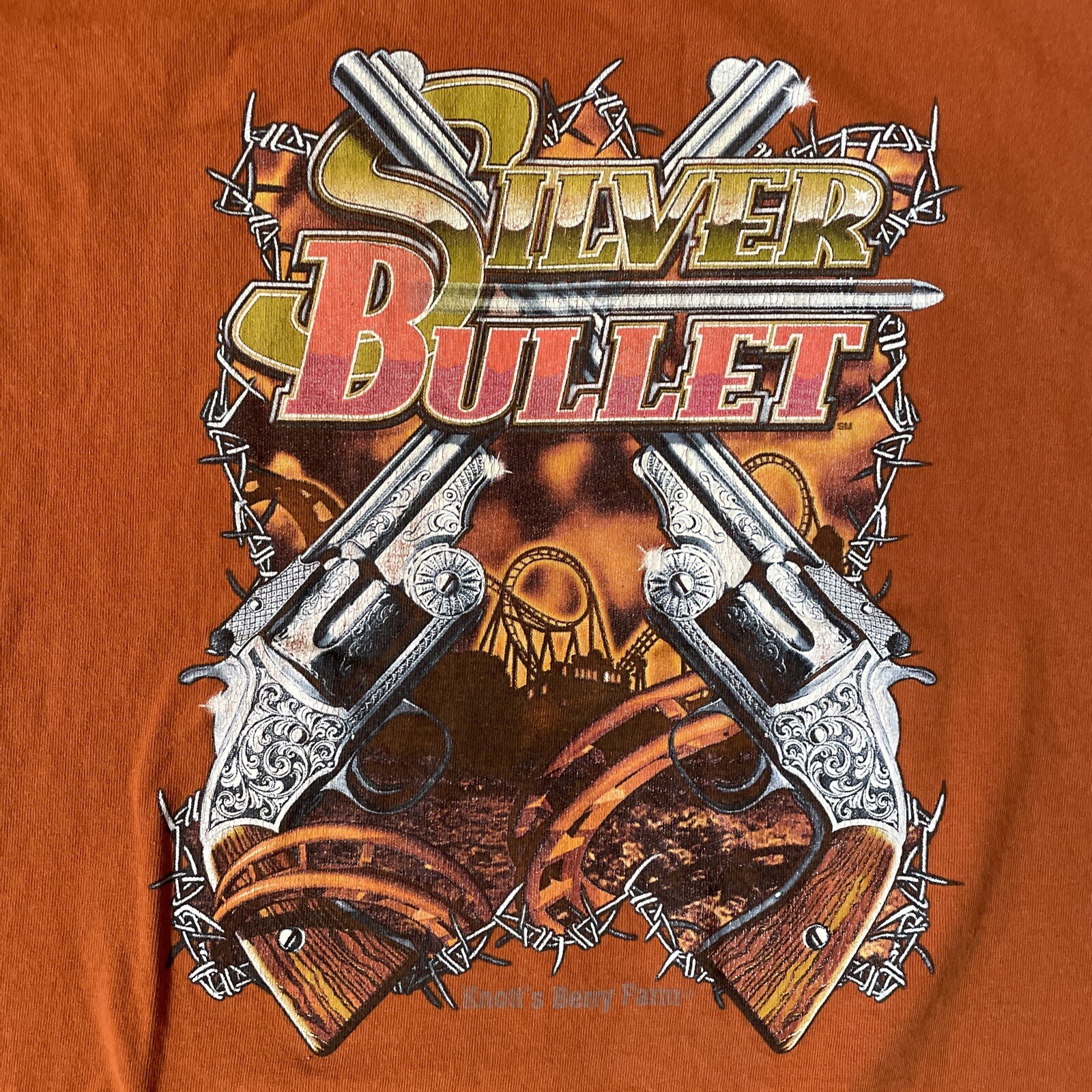 Vtg Knotts Berry Farm Ca Men’s XL Silver Bullet Burnt Orange Graphic T Shirt gallery