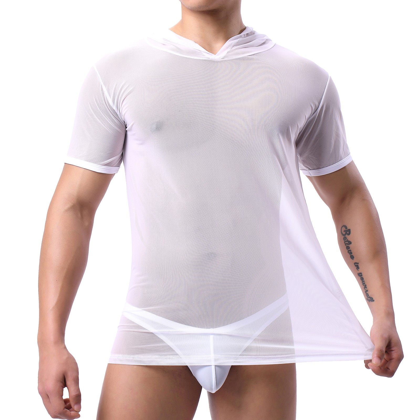 Mens See-through Mesh Hooded T-Shirts Short Sleeve Loose Fit Breathable Gym Tops gallery