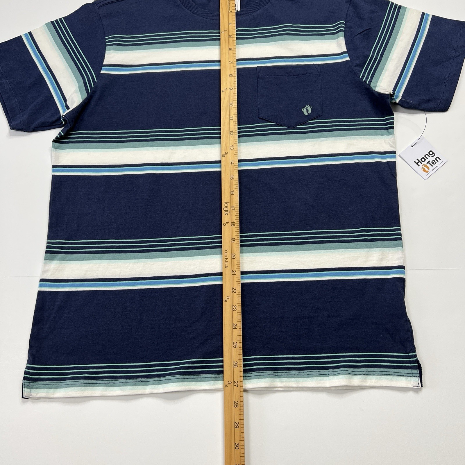 Hang Ten Striped Pocket Tshirt Blue White Short Sleeve Black Size Small NWT gallery