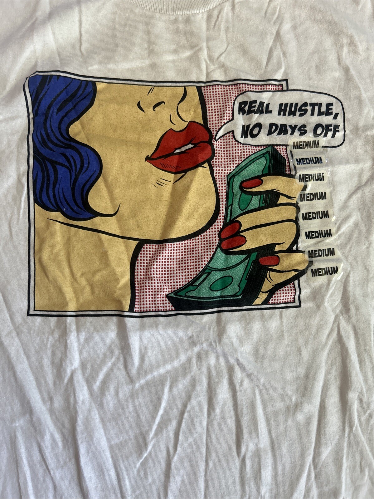 Lichtenstein Style “Real Hustle, No Days Off”Graphic T Medium Comic Graphic New gallery