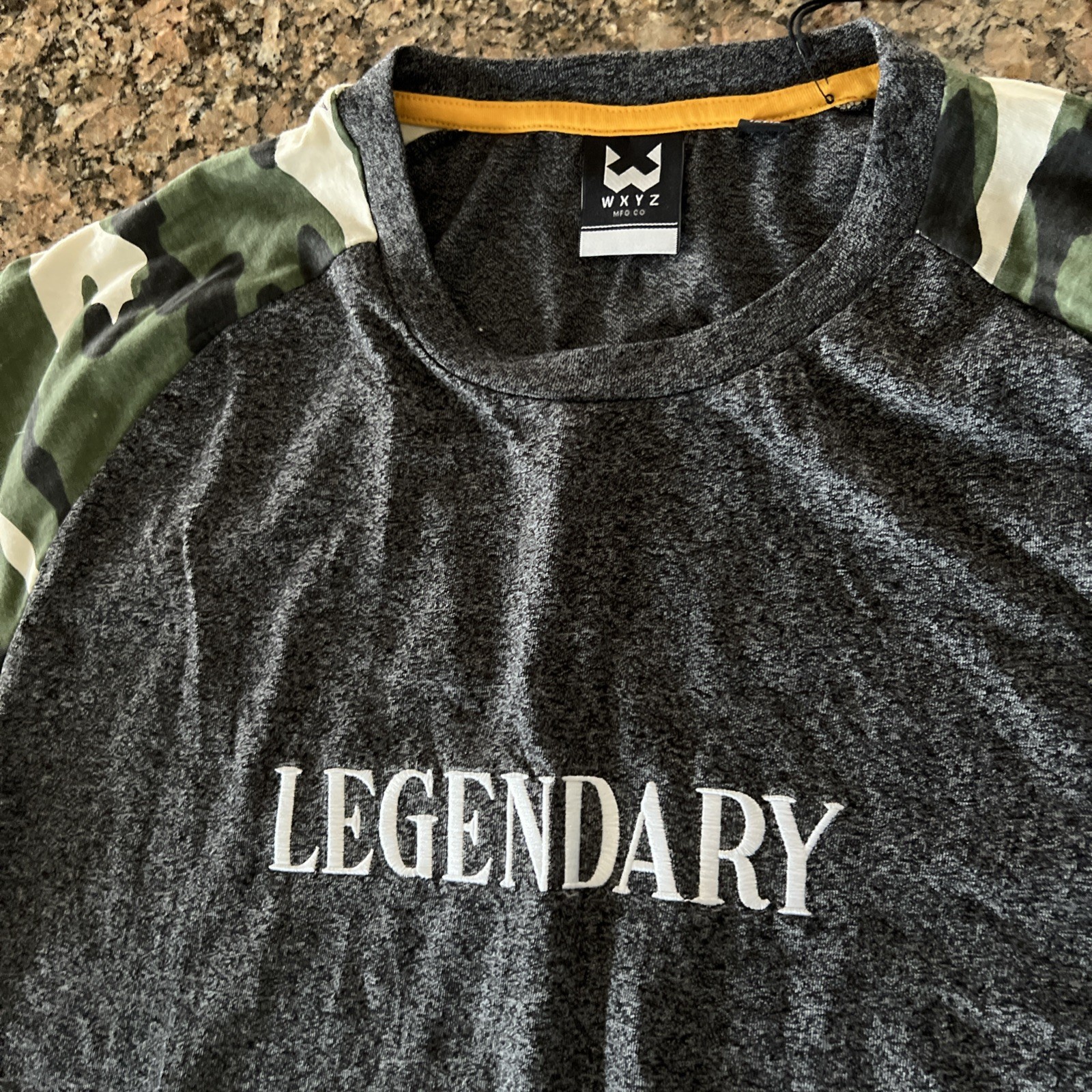 Men’s “LEGENDARY” Graphic T-Shirt – Camo Sleeves – Size XL gallery