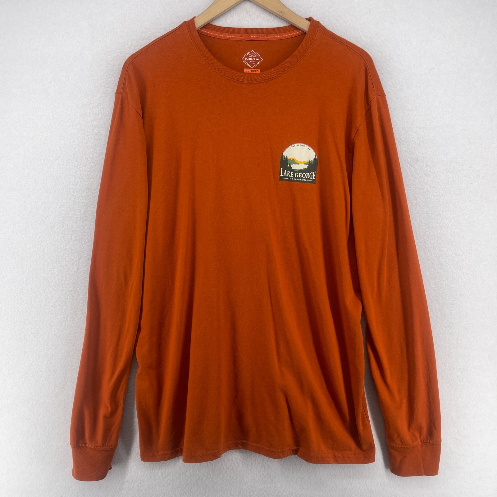 ST JOHNS BAY Shirt Mens L Lake George The Narrows NY Glen Island Outdoor Orange gallery