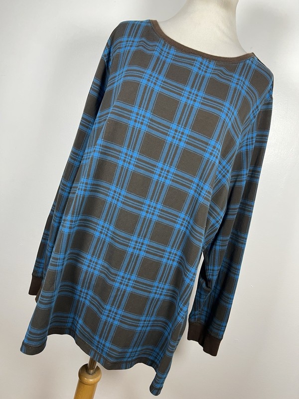 D&Co Denim & Co 2X Shirt Top Aqua Blue Brown Plaid Zipper Shoulder Long Slv W2