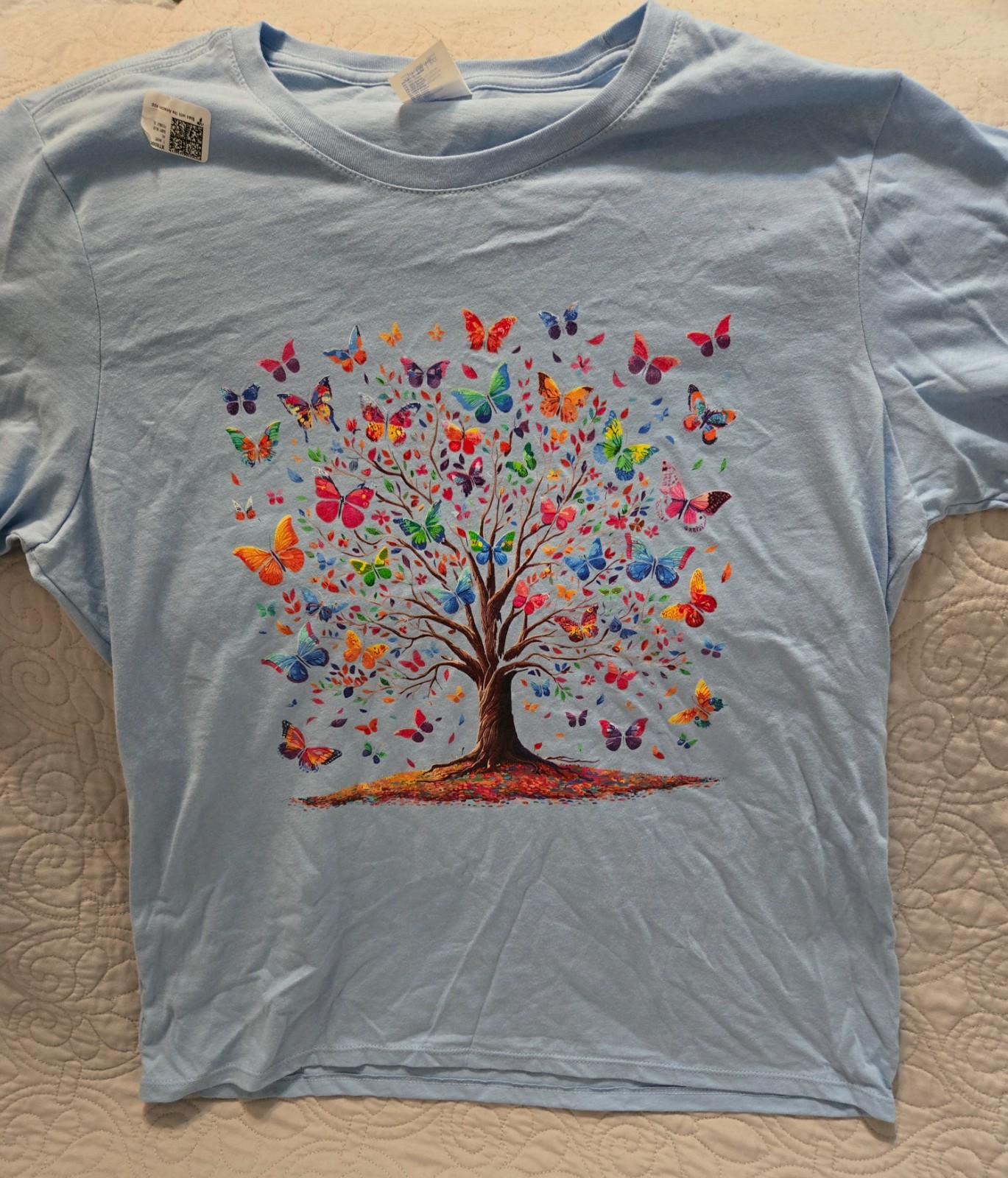 Port Company Unisex XL Light Blue Butterfly Tree Graphic T-Shirt Cotton