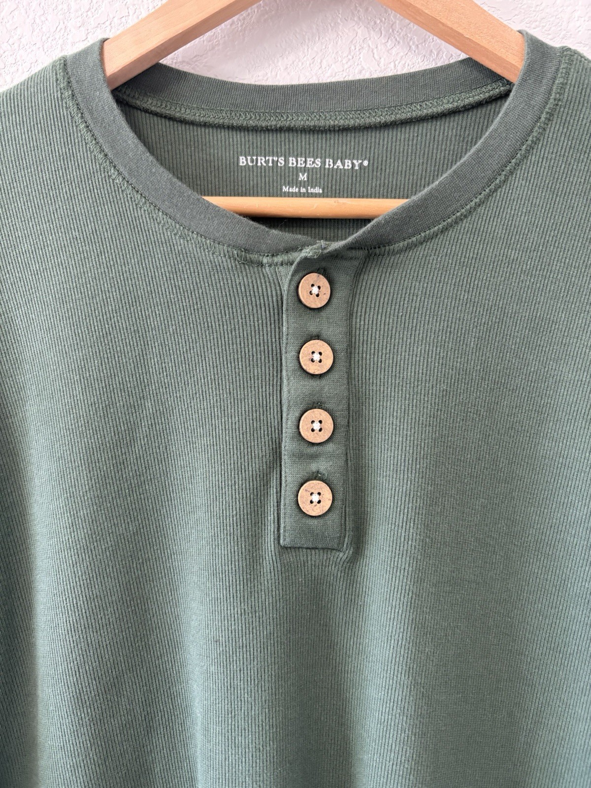 Burt’s Bees Baby Mens Medium Organic Cotton Henley Shirt Green Rib Knit Thermal gallery