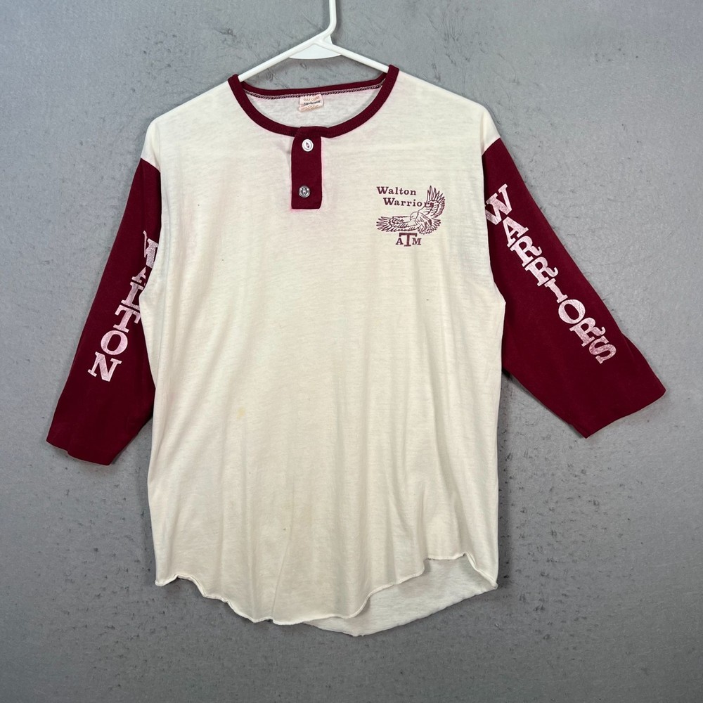 Vintage Walton Warriors A&M Raglan Henley T-Shirt 3/4 Sleeve Burgundy & White