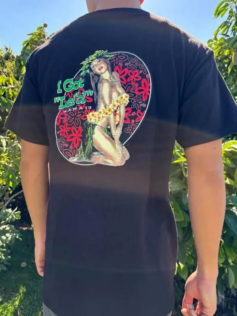 Men’s Black Cotton Hawaiian T-Shirt I Got Lei’d Hula Girl Sexy Dancer Hawaii Lei