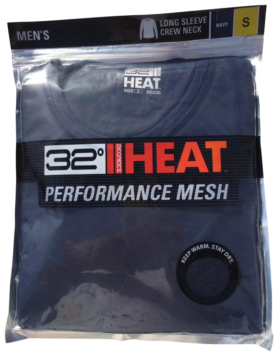 32 Degrees Heat Men’s Shirt Long Sleeve Crew Performance Mesh Navy, Sizes S/M/L
