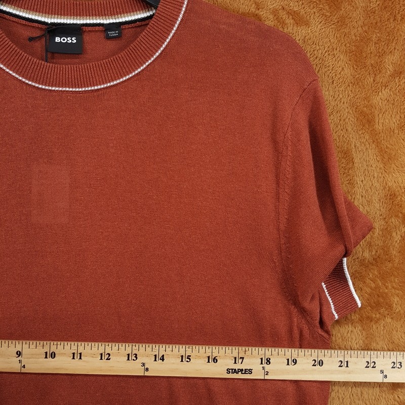 HUGO BOSS Shirt Mens Large Burnt Orange Pullover Crew Linen Knit JIOVANOTTO $198 gallery