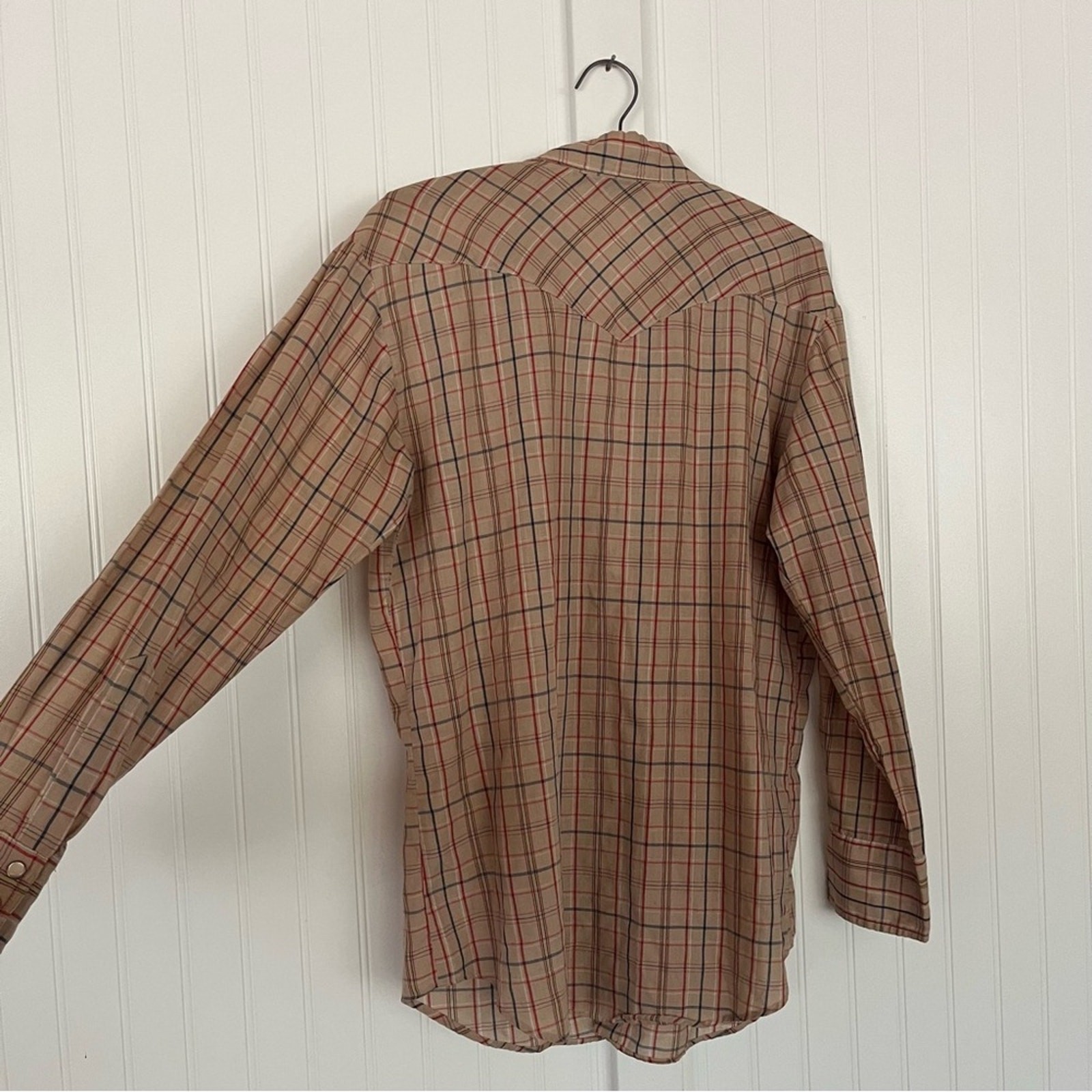 Vintage Men's Western Shirt Neutral Plaid Pearl Snaps Button Down Medium Rodeo gallery