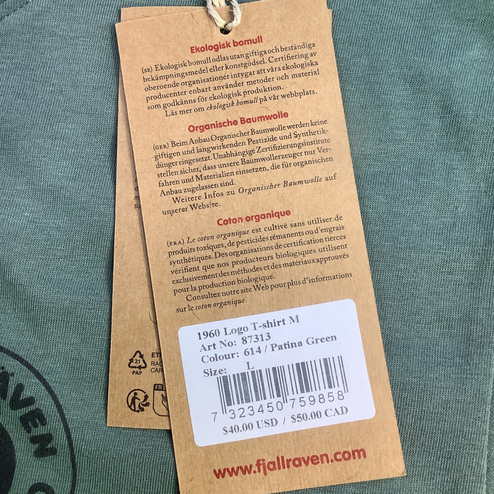 Fjallraven 1960 Logo T-shirt Mens Patina Green Organic Cotton Tee Size L NWT gallery
