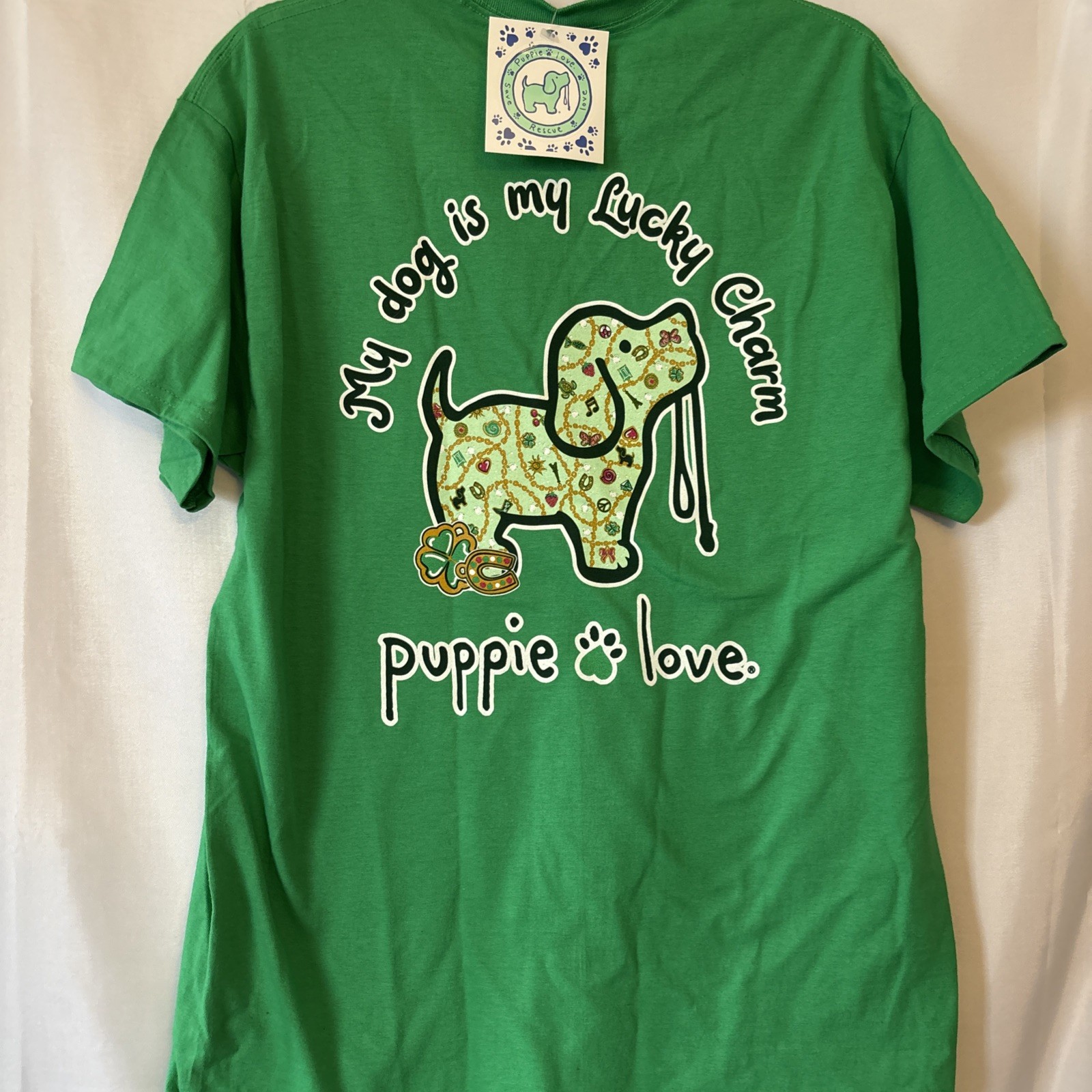 Puppie Love Rescue Green Lucky Charm Puppy Simply style Graphic Tee L