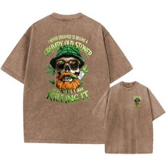 Vintage Oversized Washed Tee,Skull Grumpy Old Stoner Print Unisex Casual T-Shirt