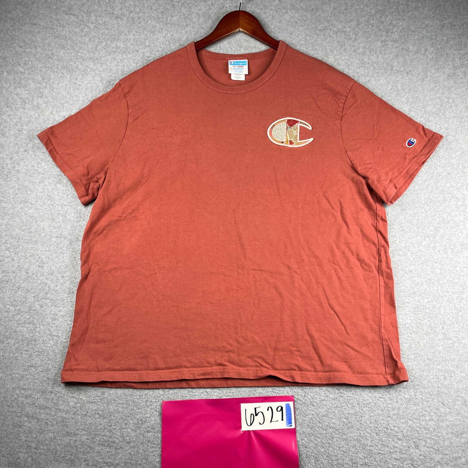 Champion T Shirt 2X Brick Red CLay Textured Patch Logo Casual Mens