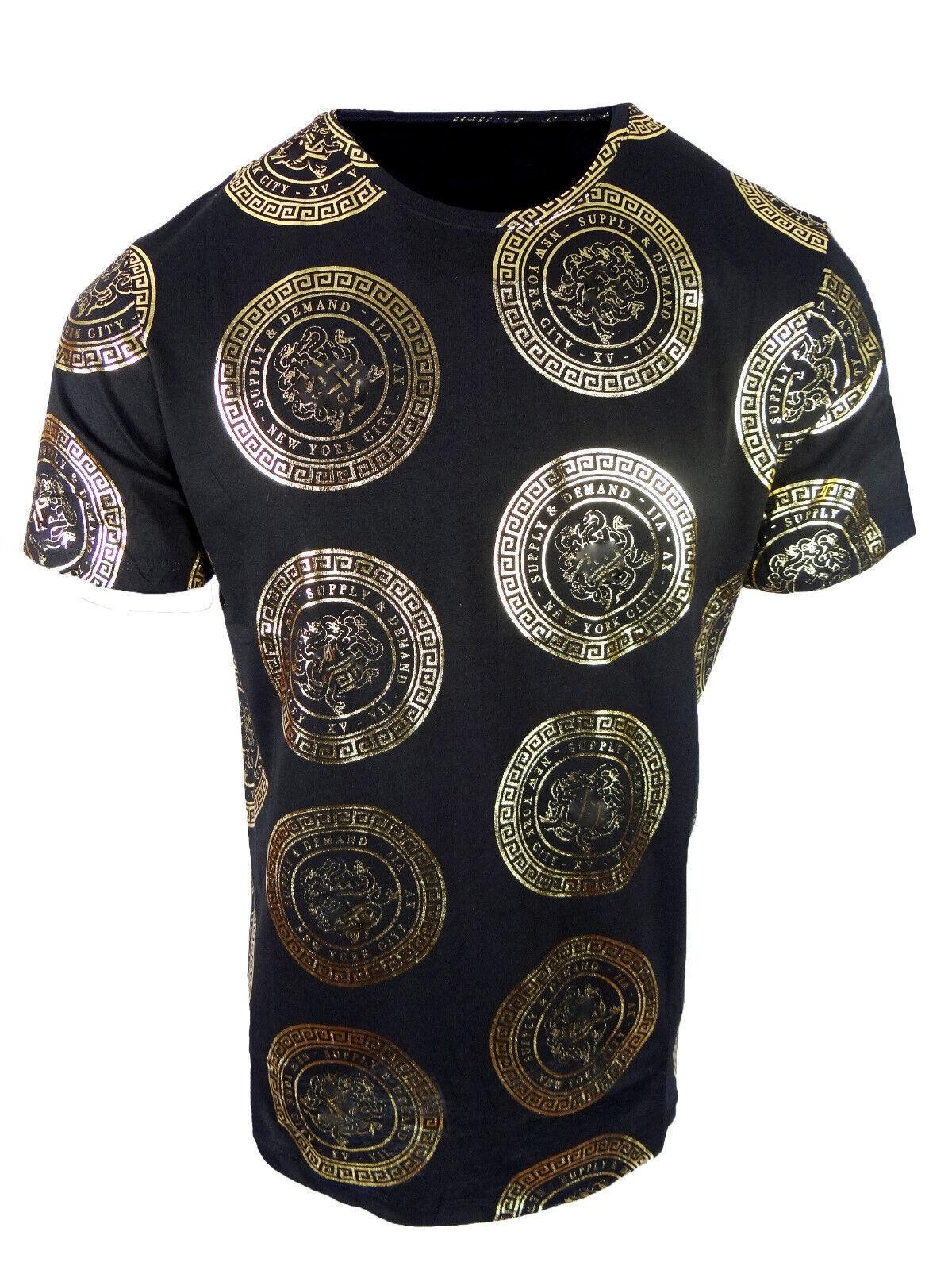 Mens T- Shirt Designer Italian Shiny Gold Print Slim Fit Stretch Casual Club gallery