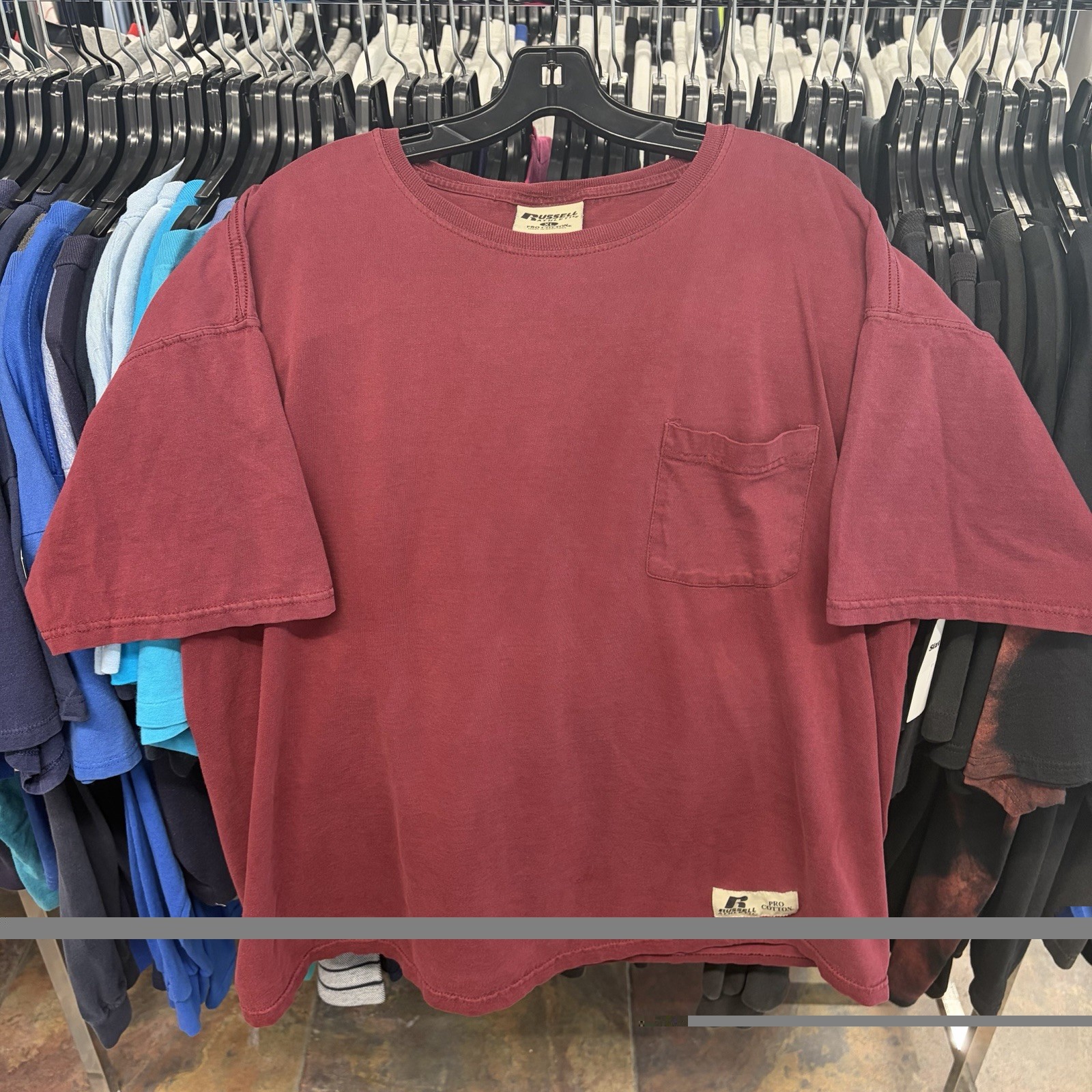 Vintage 90s Russell Athletic Pro Cotton Maroon/Burgundy Blank Pocket Tee Size XL gallery