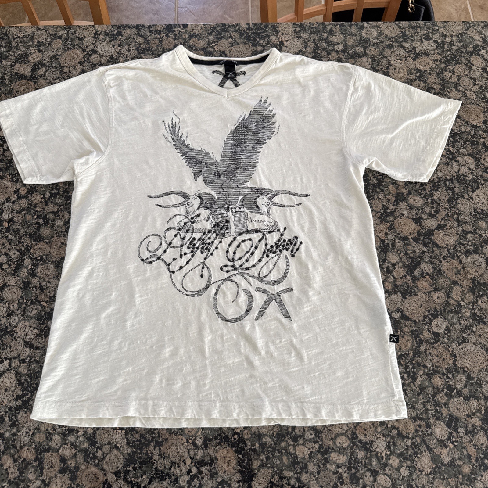 Artful Dodger Shirt Mens XL V-Neck Slub Y2K Embroidered Jeweled Eagle Bull Logo gallery