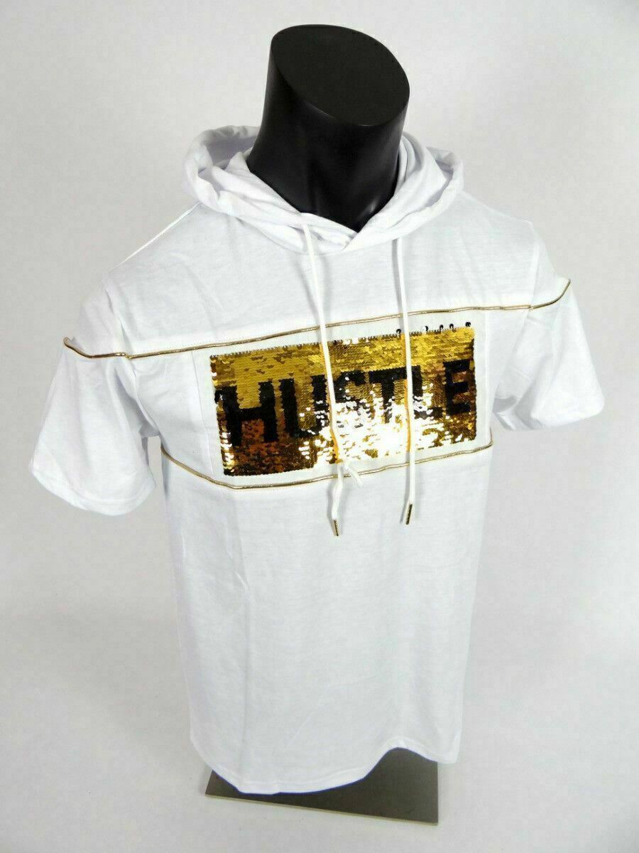 Mens Hoodie T-Shirt Reverse Gold Sequins Logo White Slim Fit Hip Hop M L XL XXL gallery