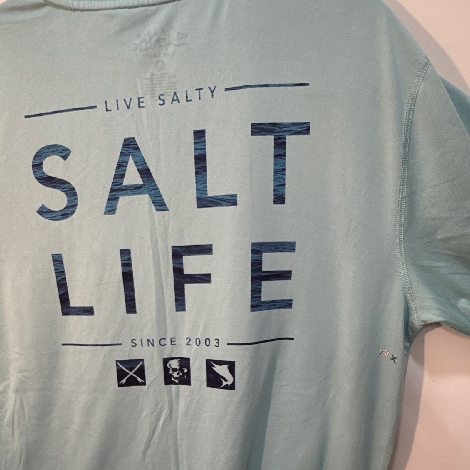Salt Life Vapor Men’s Blue Graphic Logo Pocket Polyester Knit Tee Crew XL gallery