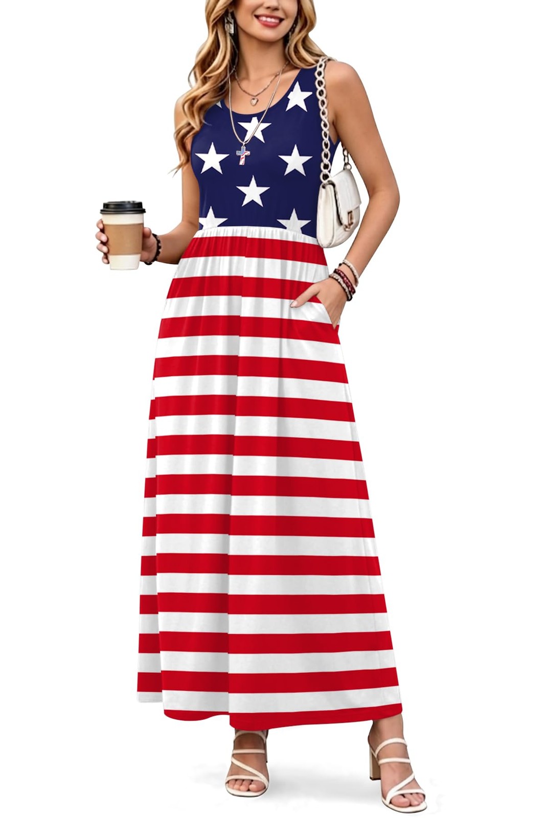 Womens July 4th Maxi Patriotic American Flag Long Dress with Pockets High Wai…