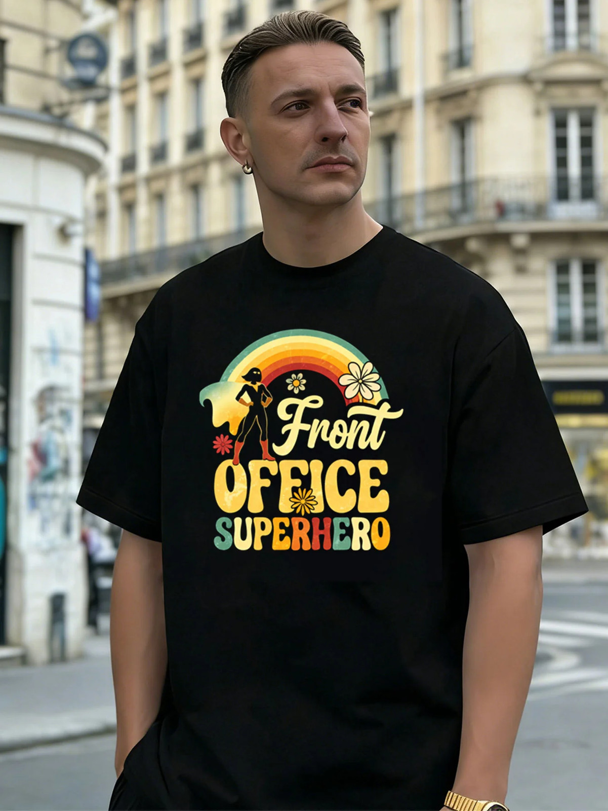 Front Office Superhero Graphic 100% Cotton Men’s T-Shirt for Daily Casual Wear