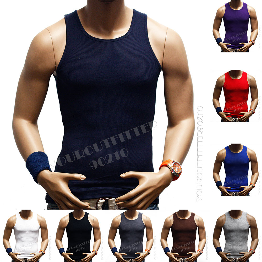 Men S-5XL 100% Cotton Tank Top T-Shirt A-Shirt Muscle Ribbed Wife Beater Tee Gym gallery