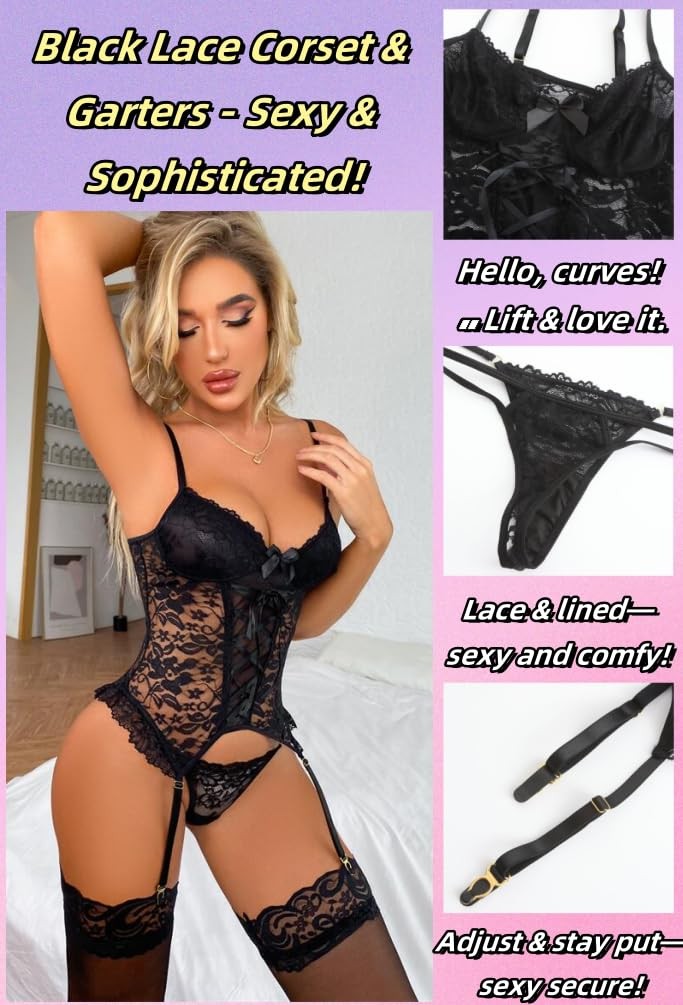 Women's Sexy Lingerie Set with Garter Belt Lace Bodysuit Teddy Baby Dolls Pan... gallery