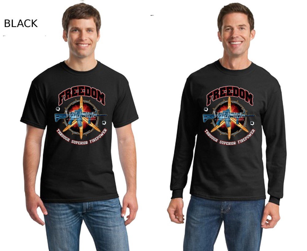 Patriotic 2nd Second Amendment Freedom Through Superior Firepower Men’s T Shirt