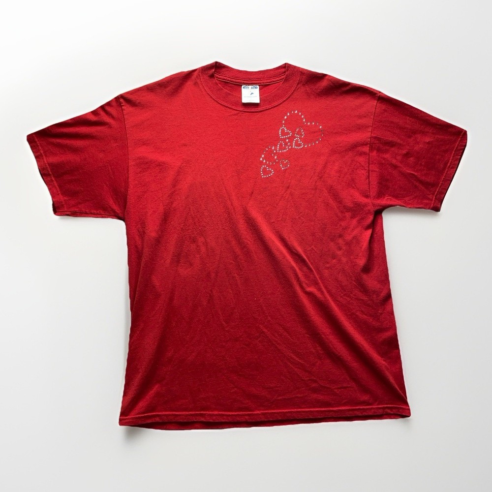 Vintage Jerzees Y2K Red Crystal Rhinestone Hearts Graphic T-Shirt XL Streetwear