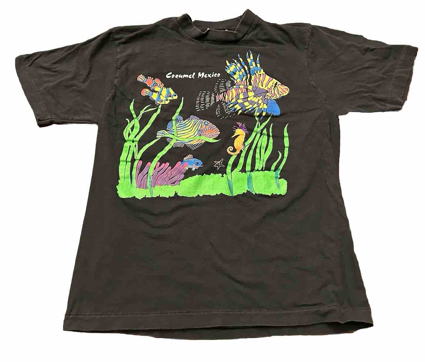 Vintage Cozumel Mexico T Shirt Neon Colorful Fluorescent Fish Black Medium