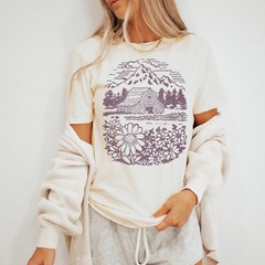 Rustic Barn Mountain Landscape Graphic Tee Woodcut Style Nature Art