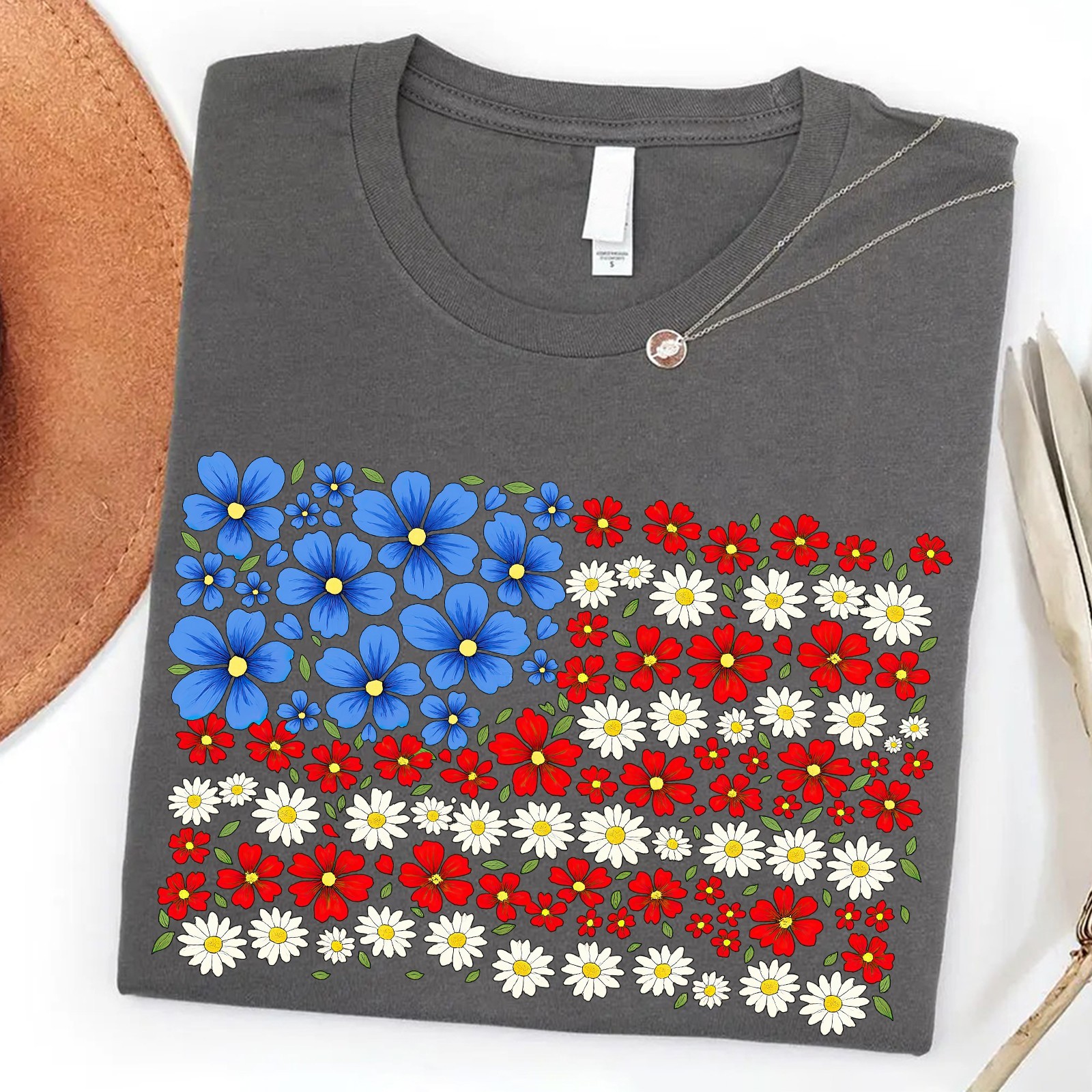 Floral American Flag Shirt 4th of July Patriotic Wildflower USA 250th Unisex Tee gallery