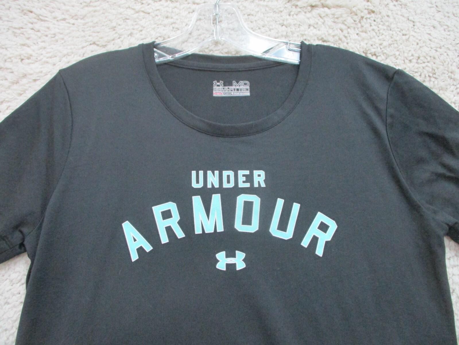 Under Armour Shirt Medium Adult Black Semi Fitted Spell Out Logo Stretch Mens M gallery