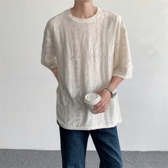 Men Retro Thin Short Sleeve Shirt Ripped Hollow Blouse American Style Tops Soft