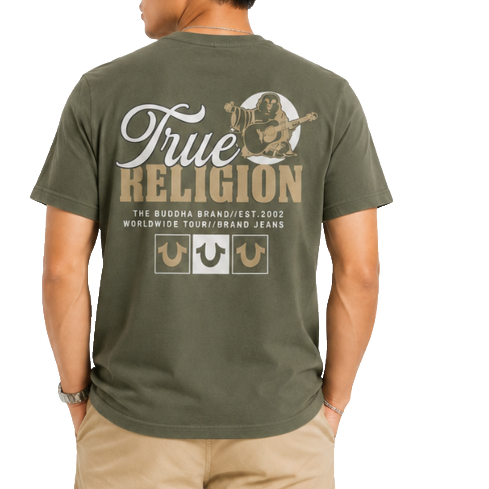 True Religion Mens T Shirt Medium Olive Green Raised Graphic Buddha Logo Tee NWT gallery