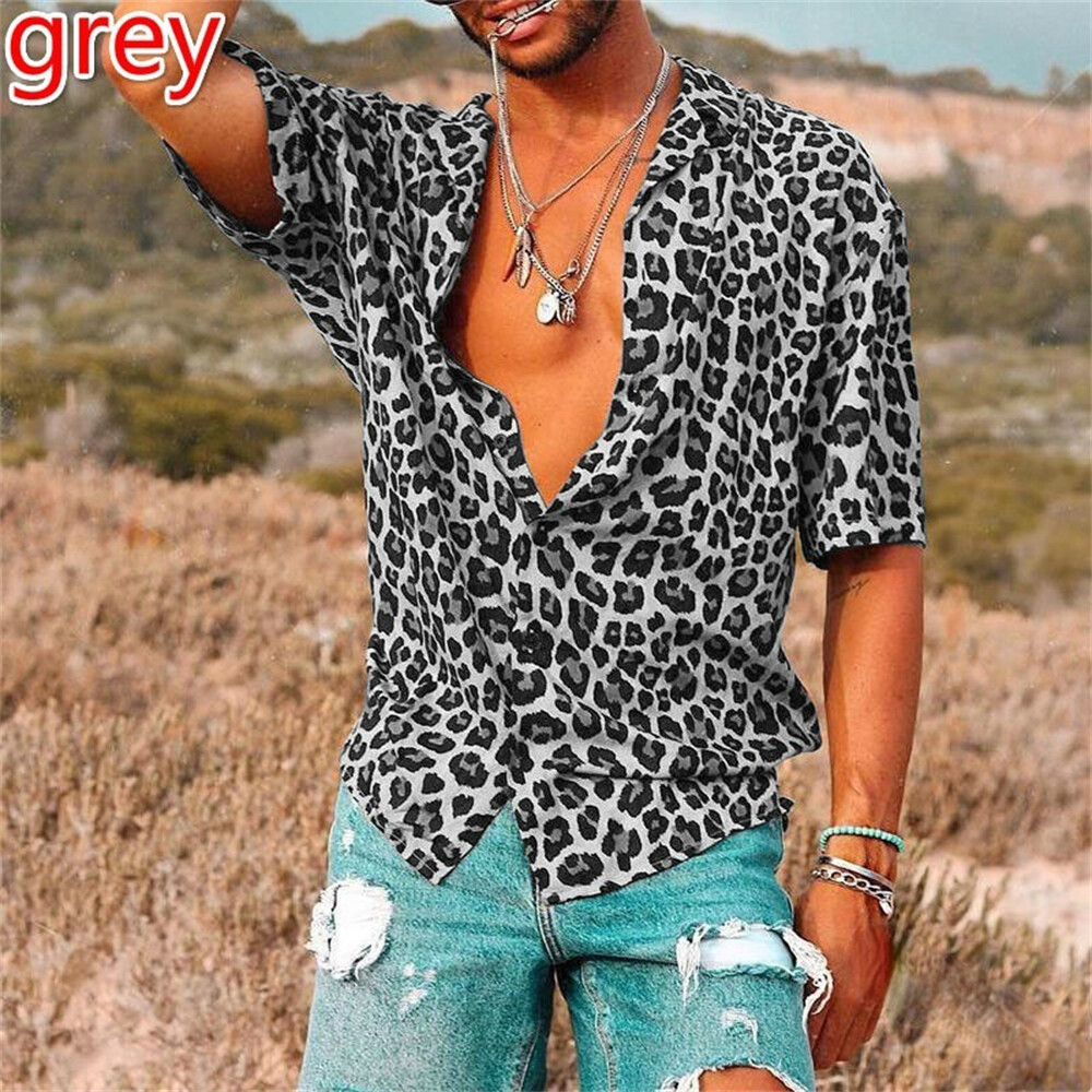 Men's Leopard Print Shirt Casual Slim Shirts Short Sleeve Button Down Top Blouse gallery