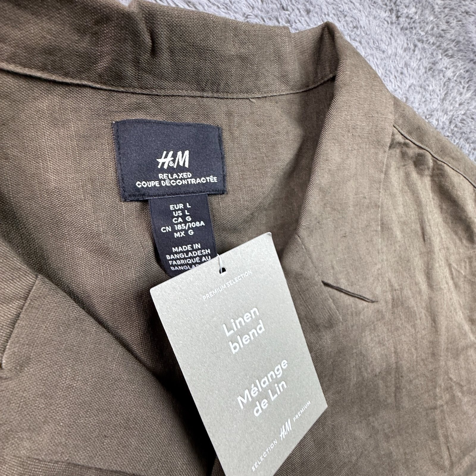 HM Men's L Linen Blend Button Up Short Sleeve Shirt Taupe Relaxed Boxy Fit gallery